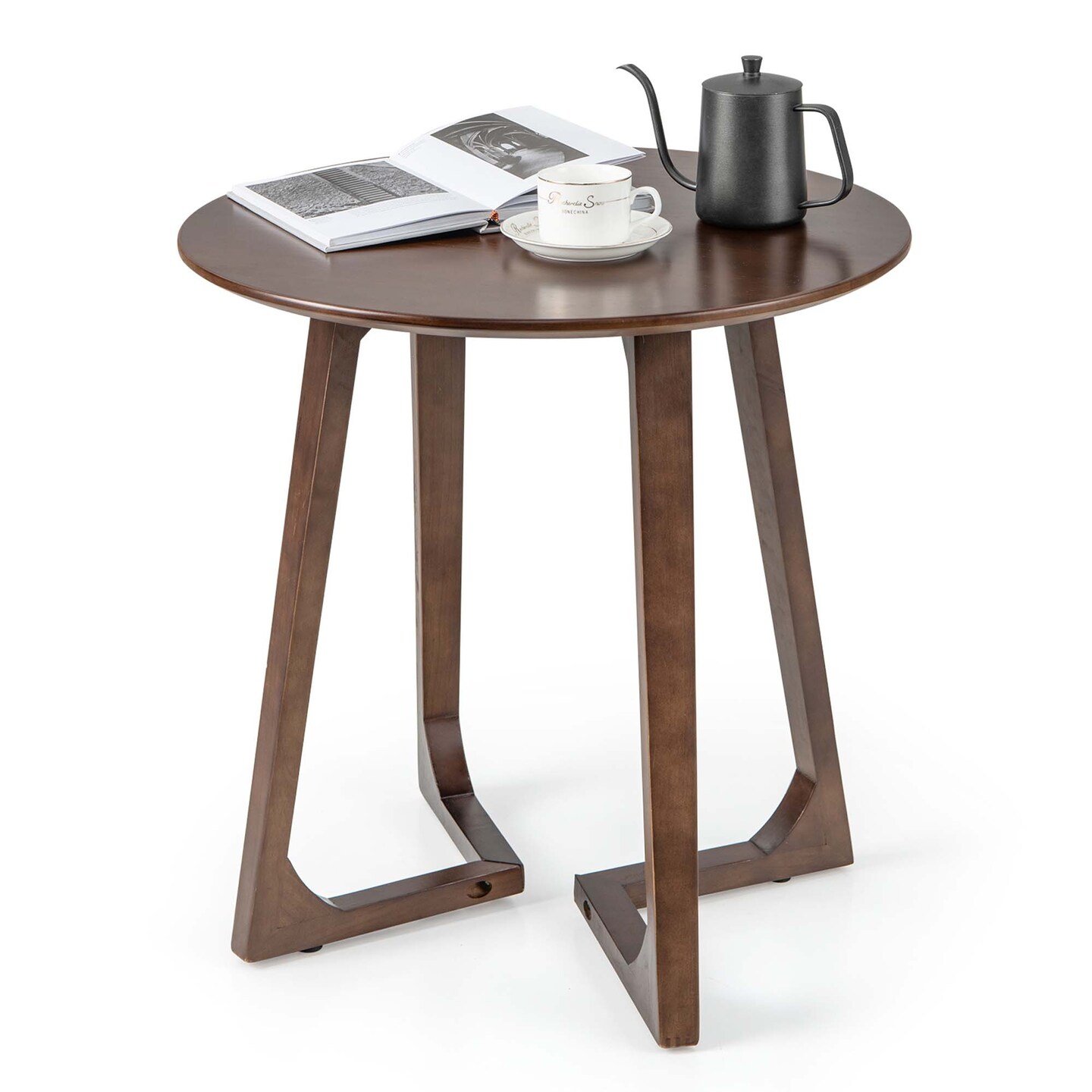 Costway 24&#x22; Round Side Table Solid Rubber Wood End Table Beside Sofa&#x26;Bed for Small Space Brown/Natural