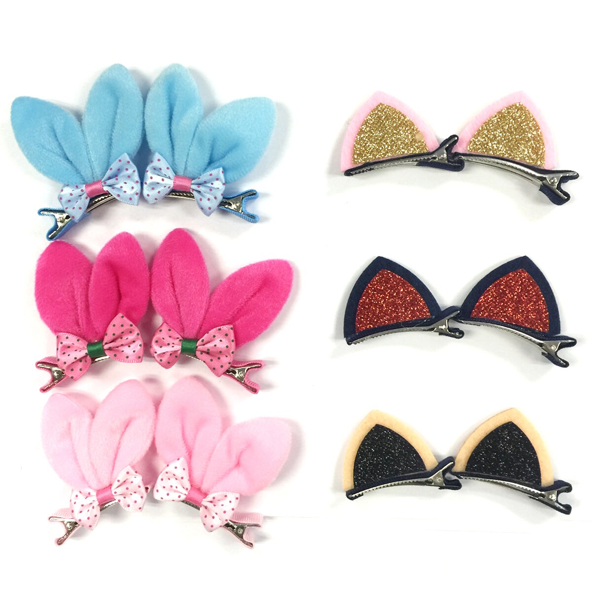 Wrapables Rabbit and Cat Ears with Bow Alligator Hair Clips (Set of 12), Rabbit and Cat Ears