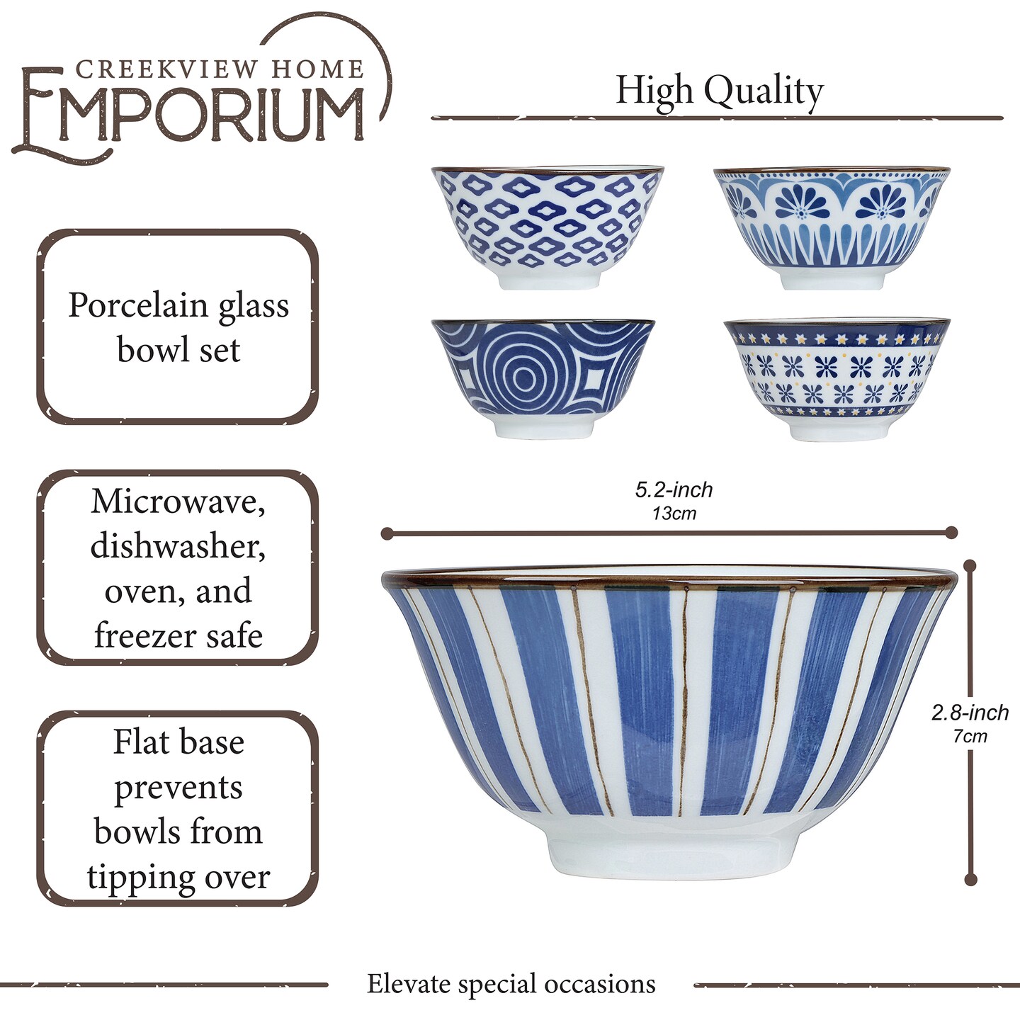 Creekview Home Emporium Ceramic Bowl - 5pc Blue and White Small Serving Bowls