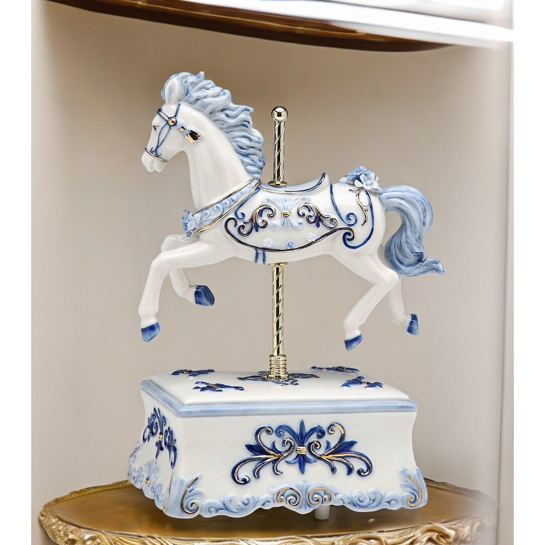 Ceramic Blue Carousel Horse Music Box 5.875X4x8.5
