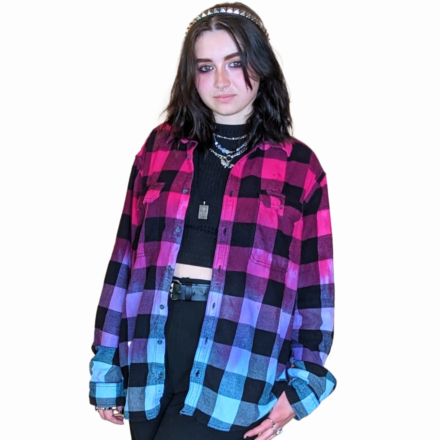 Women's Tie Dye Flannel - Oversized Hot Pink Purple Blue
