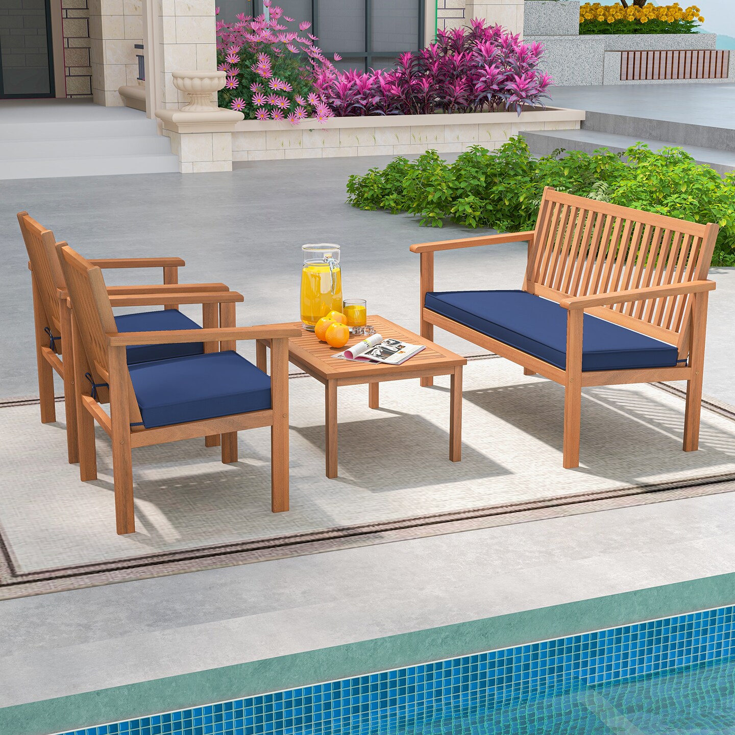 4 Piece Patio Wood Furniture Set Acacia Wood Sofa Set with Loveseat-Navy