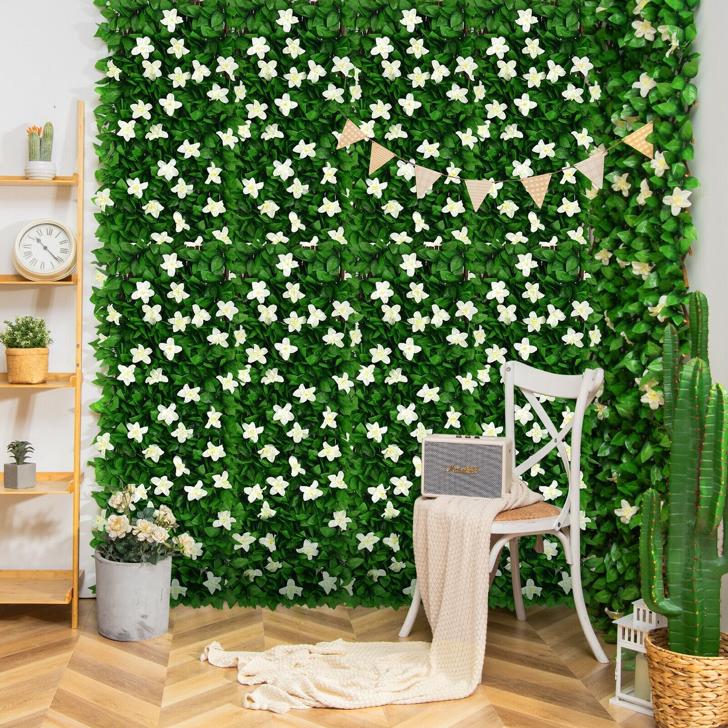 4 Pieces Expandable Faux Ivy Privacy Screen Fence Panel Pack with Flower