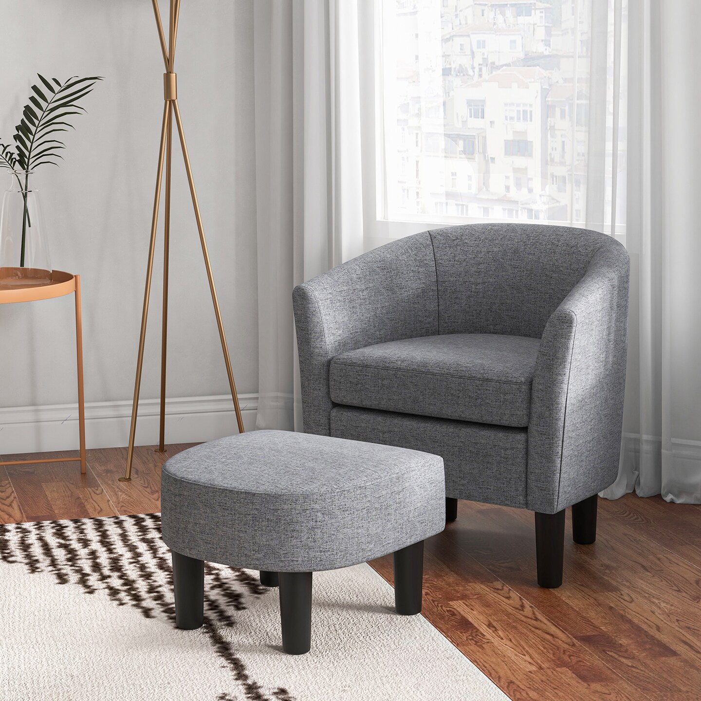 Barrel Club Chair With Ottoman Set Linen Fabric Accent Chair With Footrest-gray