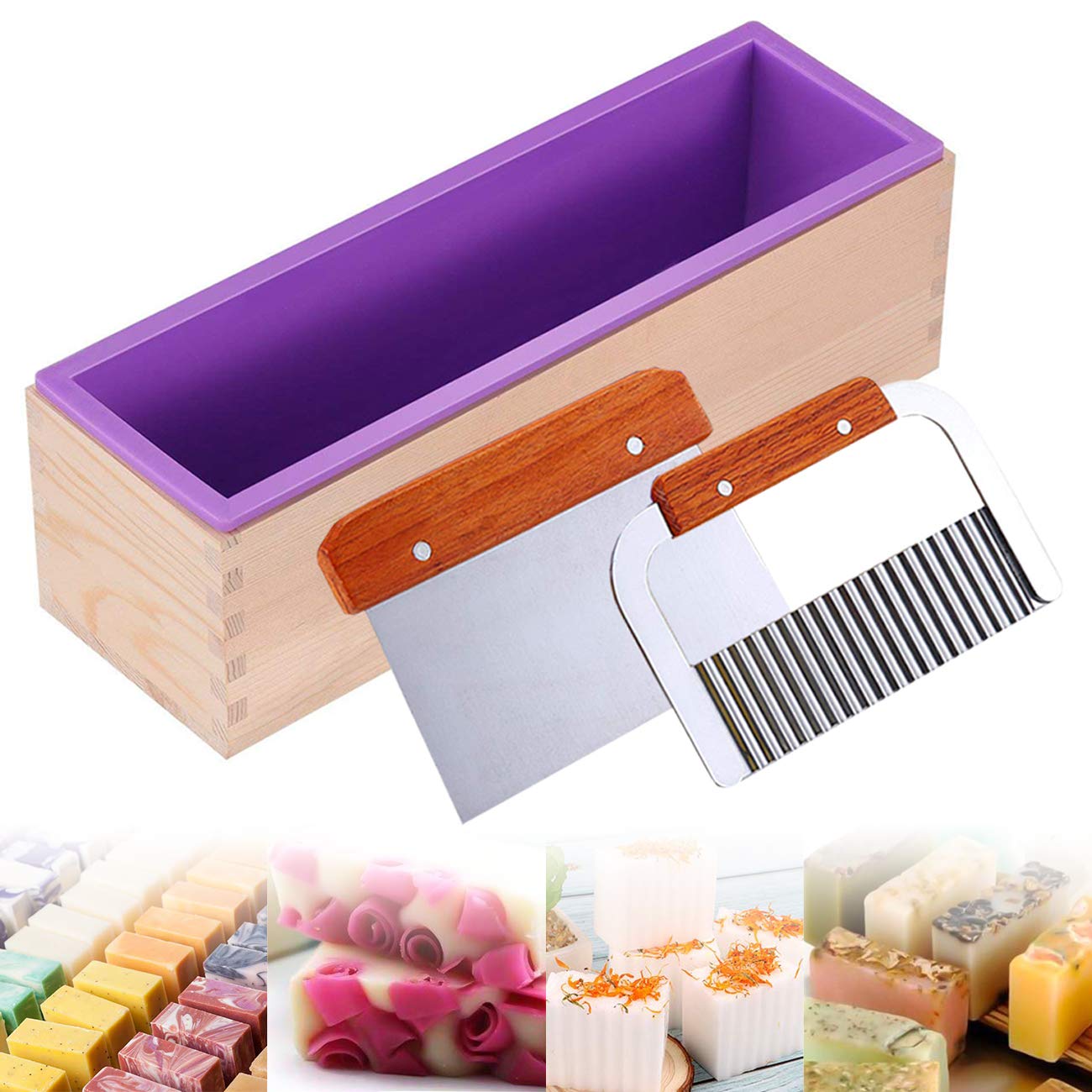 Ogrmar Silicone Soap Molds Kit-42 oz Wooden Silicone Soap Rectangular Mold with Stainless Steel Wavy &#x26; Straight Scraper for Soap Cake Making (Purple)