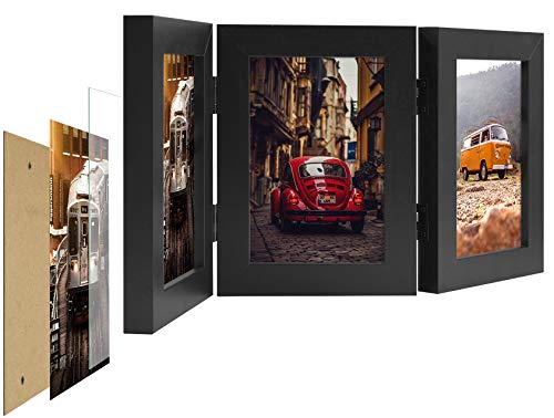 4x6 Triple Picture Frames Hinged 3 Photos Frame Collage, Three Picture Frames Multiple Desk Frame with Glass (Black, 1 Pack)