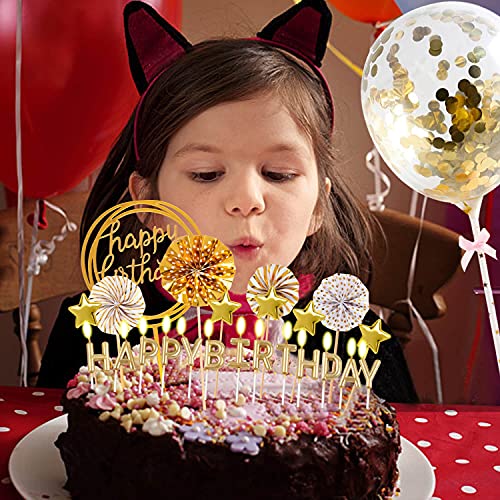 Birthday Candles Set - Cake Topper Decoration with Cake Candles Confetti Balloon Stars and Fan Cupcake Toppers 12 Pieces Birthday Cake Decor for Birthday Party Celebration (Gold)