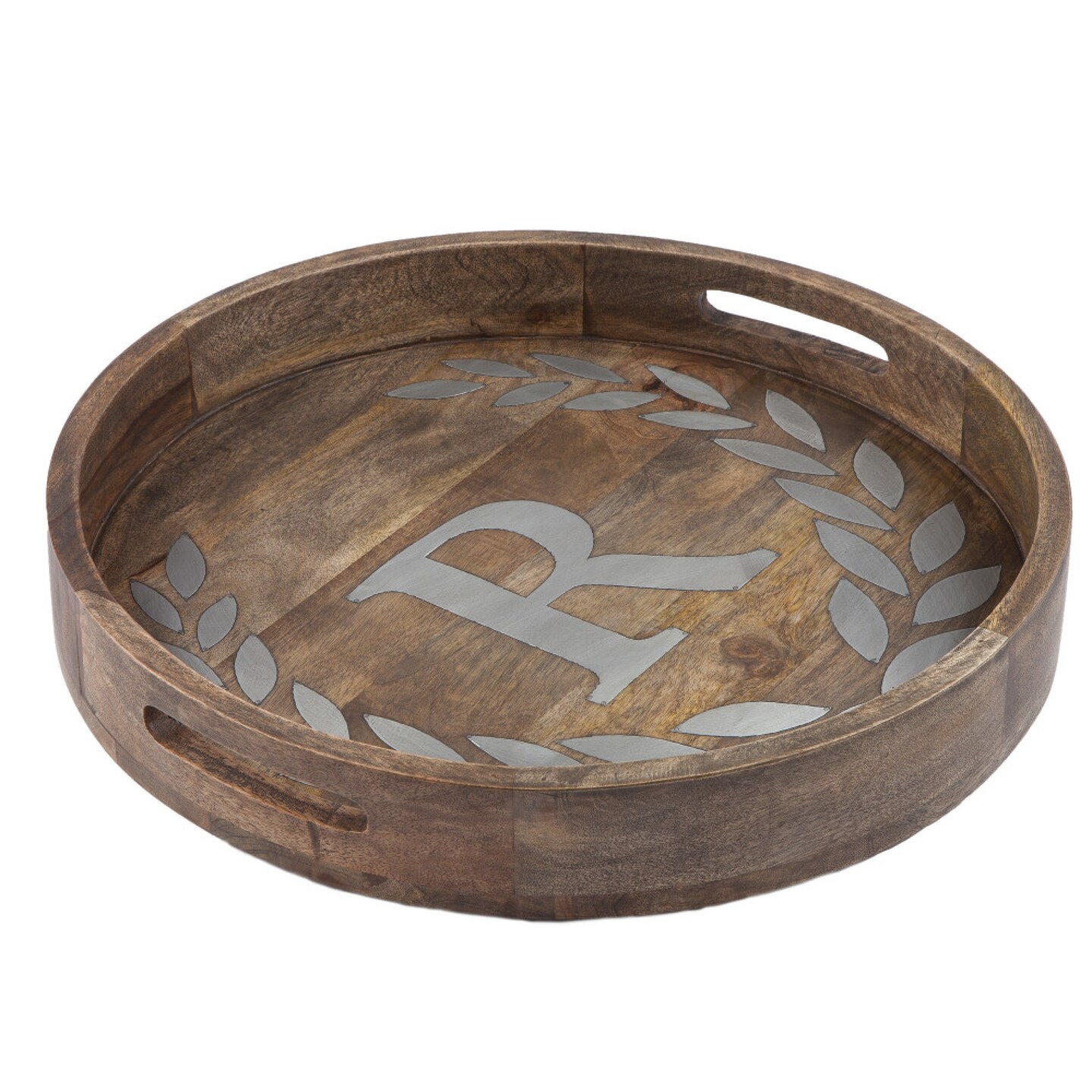 Contemporary Home Living 20&#x22; Brown and Gray Letter &#x22;R&#x22; Printed Round Decorative Tray