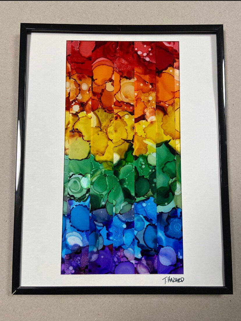 Alcohol Ink Strips Rainbow Color Framed Shelf Art On Yupo Paper