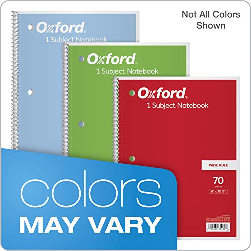 Oxford 1-Subject Notebooks, 8&#x22; x 10-1/2&#x22;, Wide Rule, 70 Sheets, 3 Pack, Color Assortment May Vary (65029)