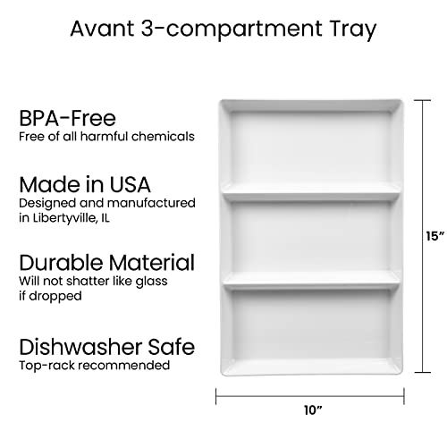 3 Pck Avant White Plastic Divided Serving Trays (Set of 3) 15” x 10” | Large Reusable 3-Section Party Platters | Serve Appetizers, Fruit, Veggies, & Desserts | BPA-Free & Made in USA