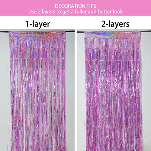 2-Pack Tinsel Foil Fringe Curtains - 3.2 ft x 8.2 ft, Metallic Foil Backdrops for Party Photo Booth Props and Decoration, Pinkish Purple