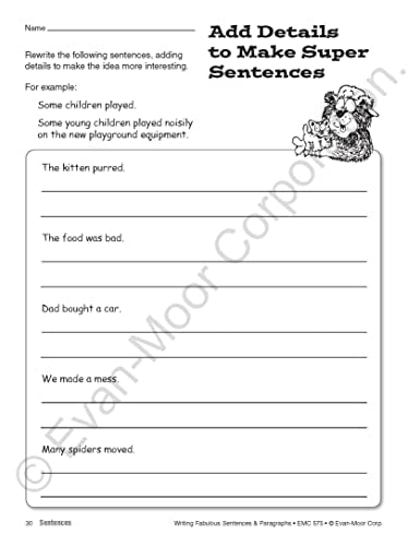 Evan-Moor Writing Fabulous Sentences & Paragraphs, Grades 4-6, Homeschool & Classroom Workbook, Activities, Main Ideas, Topic Sentences, Figurative Language, Descriptive Details, Writing Skills