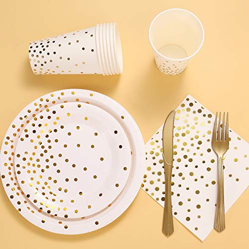 150 Pcs White and Gold Party Supplies Golden Dot Disposable Party Dinnerware Includes Paper Plates, Napkins, Knives, Forks, 12oz Cups, Banner, for Bridal Shower, Engagement, Wedding, Serves 25