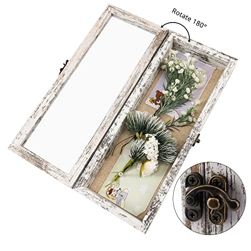 GraduationMall 5x12.5 Wood Shadow Box Frame Glass Door Display Case with Linen Back and 6 Stick Pins,1.5 inches Interior Depth,Ideal for Memorabilia Pictures Flowers Medals Tickets Rustic White