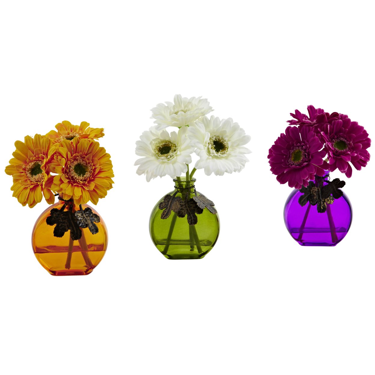 Nearly Natural   Gerber Daisy with Colored Vase Arrangement - Set of 3