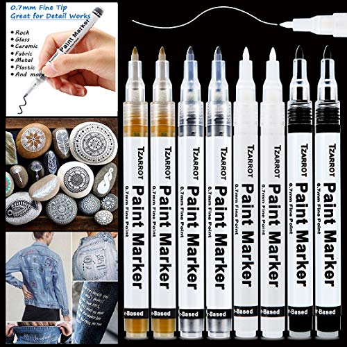 White Paint Pen 8-Pack 0.7mm Acrylic Paint Pens Includes 2 White, 2 Black, 2 Gold, 2 Silver Permanent Markers for Wood, Rock, Fabric, Metal, Plastic, and Ceramic Extra Fine Tip