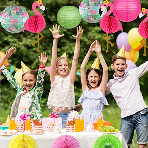 Flamingo Party Decorations - Hawaiian Party Supplies with Flamingo Palm Leaves, Hibiscus Flowers, Paper Lanterns, and Hot Pink Honeycomb Tissue Paper Fans for Luau Birthday Party and Home Decor
