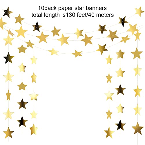 130 Feet Glitter Star Garland Banner - Bright Gold Hanging Bunting for Engagements, Weddings, Baby Showers, Birthdays, and Christmas Party Decorations