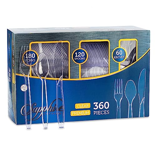 Disposable Cutlery set, SAPPHIRE Design, Clear Color, 360 Pieces: 180 Forks, 120 Spoons, 60 Knives