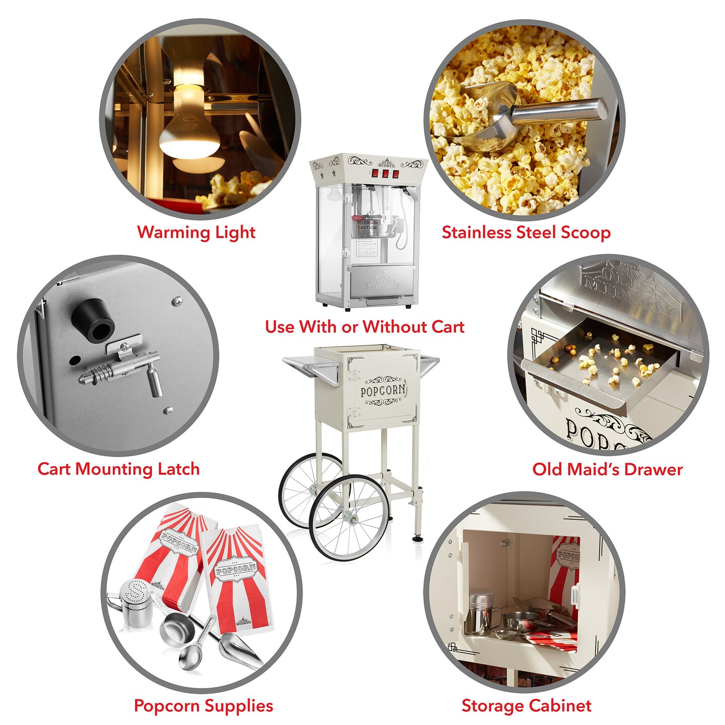 Olde Midway Movie Theater-Style Popcorn Machine Maker with Cart and 8-Ounce Kettle, Vintage-Style Popper on Wheels