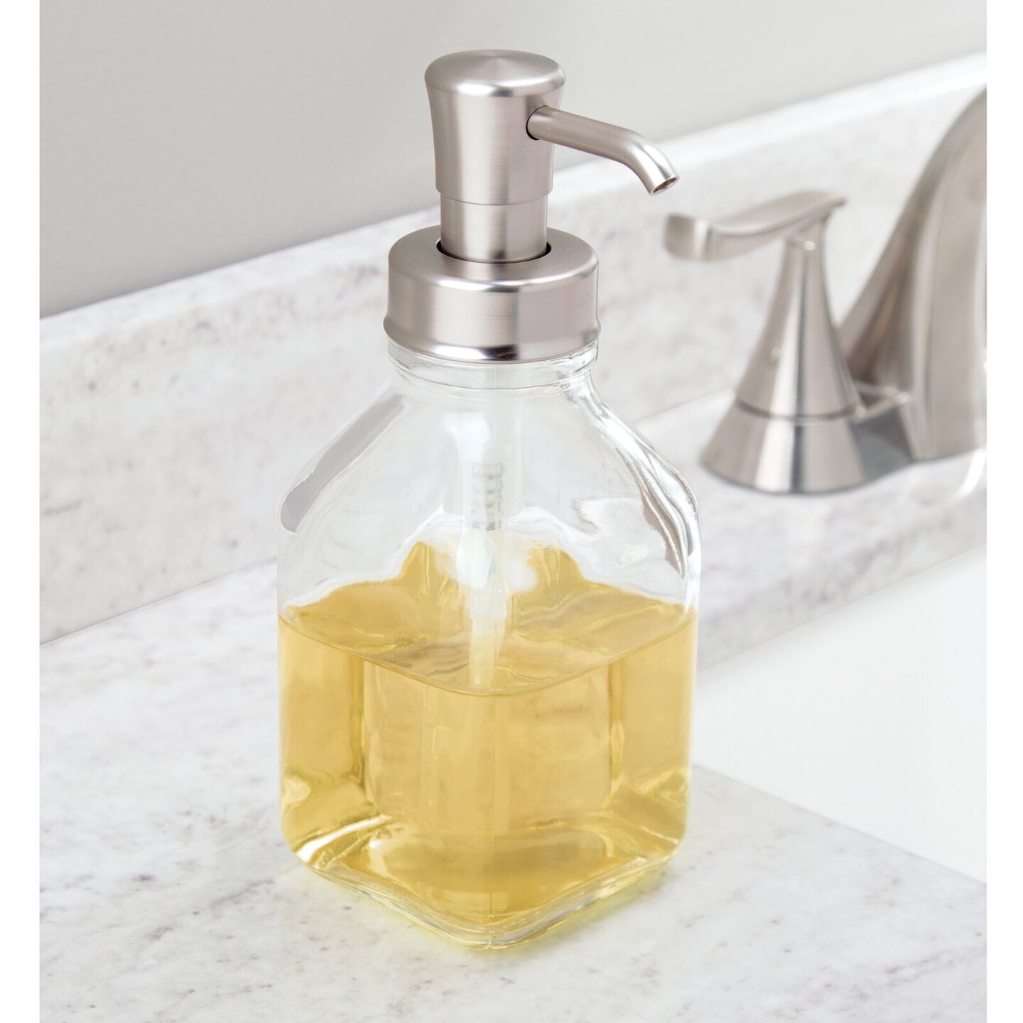 mDesign Square Glass Refillable Liquid Soap Dispenser Pump, 2 Pack