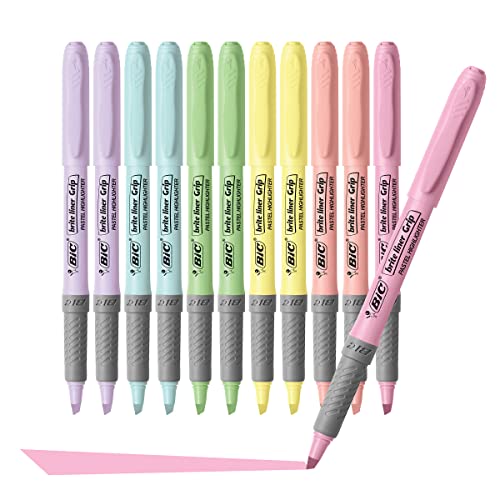 12-Count Pack of Pastel Highlighters in Assorted Colors, Brite Liner Grip Pastel Highlighter Set, Chisel Tip, 12-Count Pack of Pastel Highlighters in Assorted Colors, Cute Highlighters for Bullet Journaling, Note Taking and More