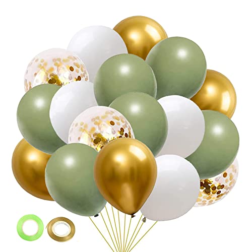 Sage Green Gold White Party Balloons, 50Pcs Sage Green and Gold