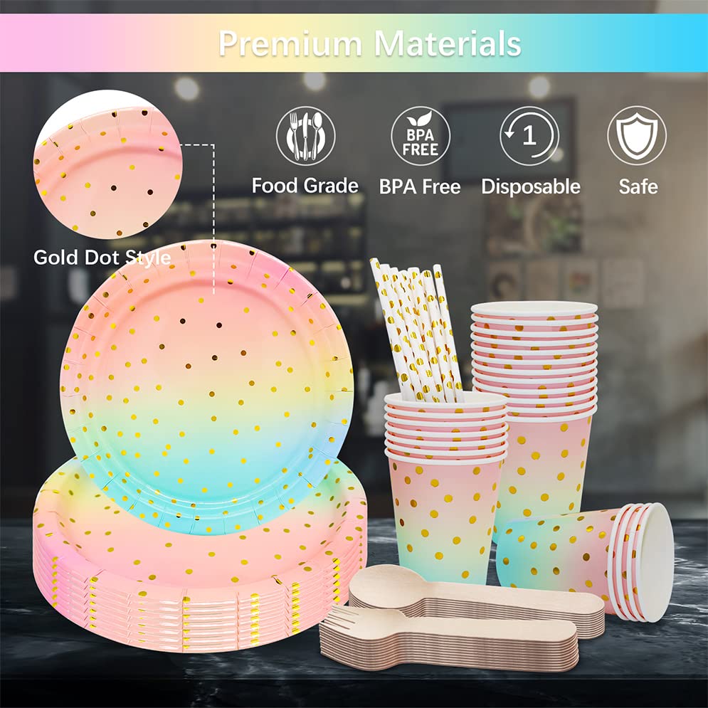 168PCS Pink and Gold-Pastel Party Supplies, Severs 24 Disposable Party Dinnerware Include Paper Party Plates, Cups, Napkins, Straw, Wooden Fork Spoon for Wedding, Rainbow Party, Birthday Baby Shower
