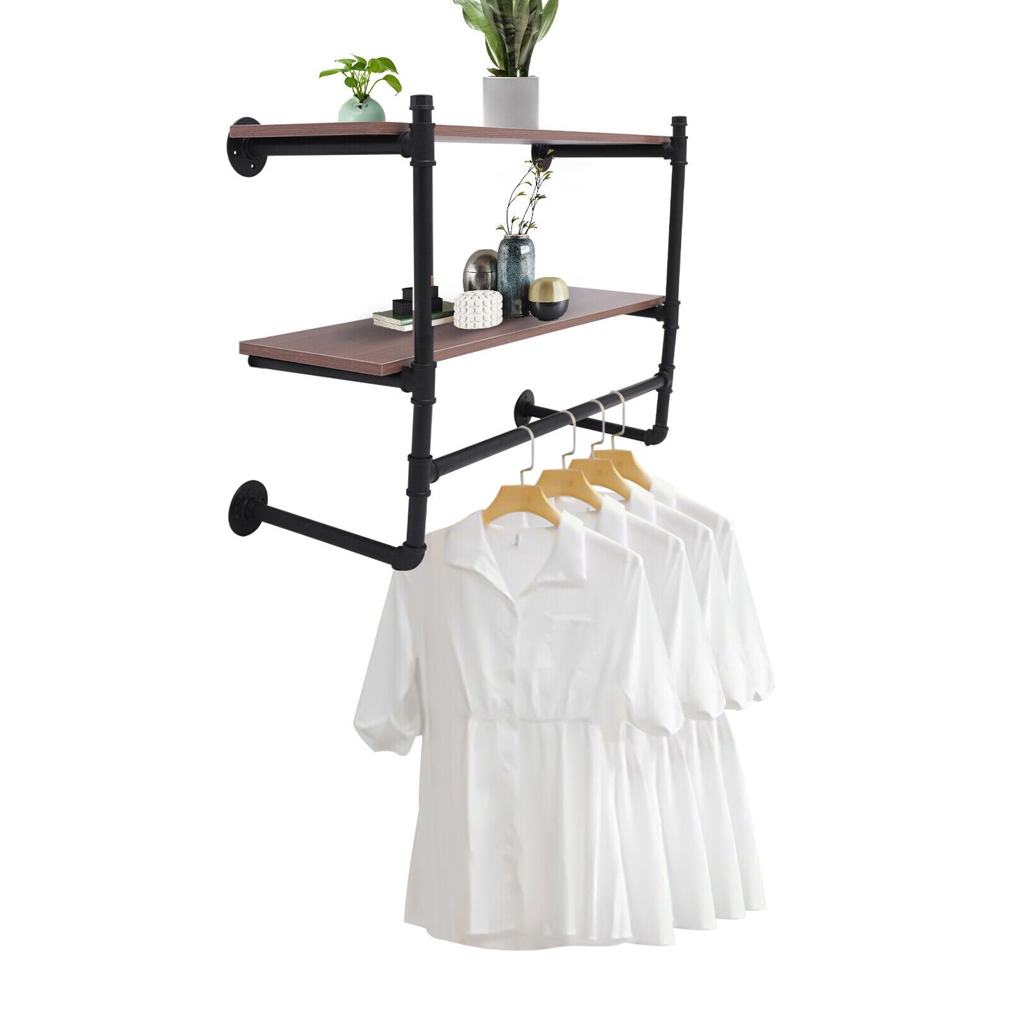 Kitcheniva 2-Tier Industrial Pipe Wood Clothes Storage Shelves