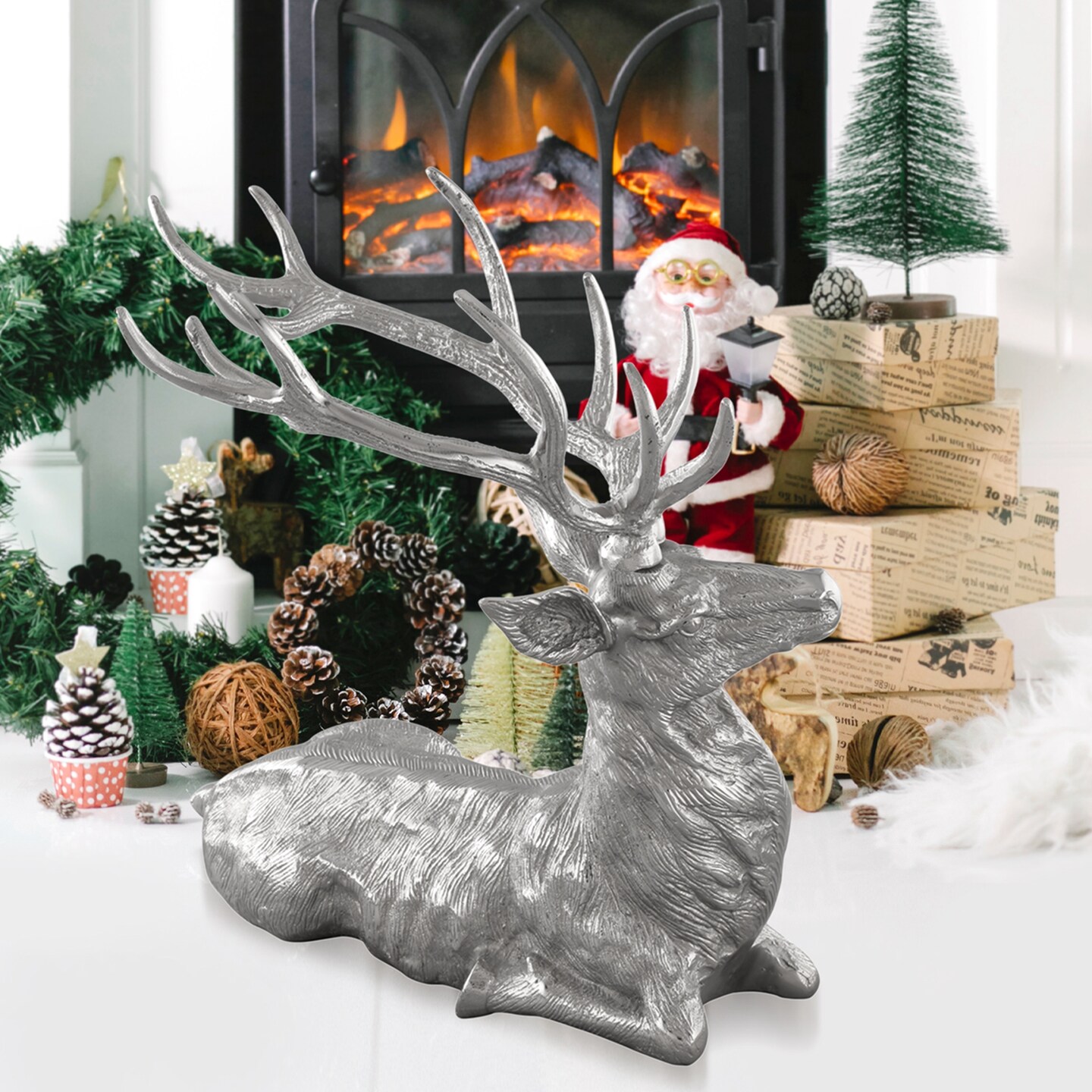 Costway Sitting Reindeer Statue Christmas Decor Statue Aluminum 17.5&#x22; x 15&#x22; x 17.5&#x22;