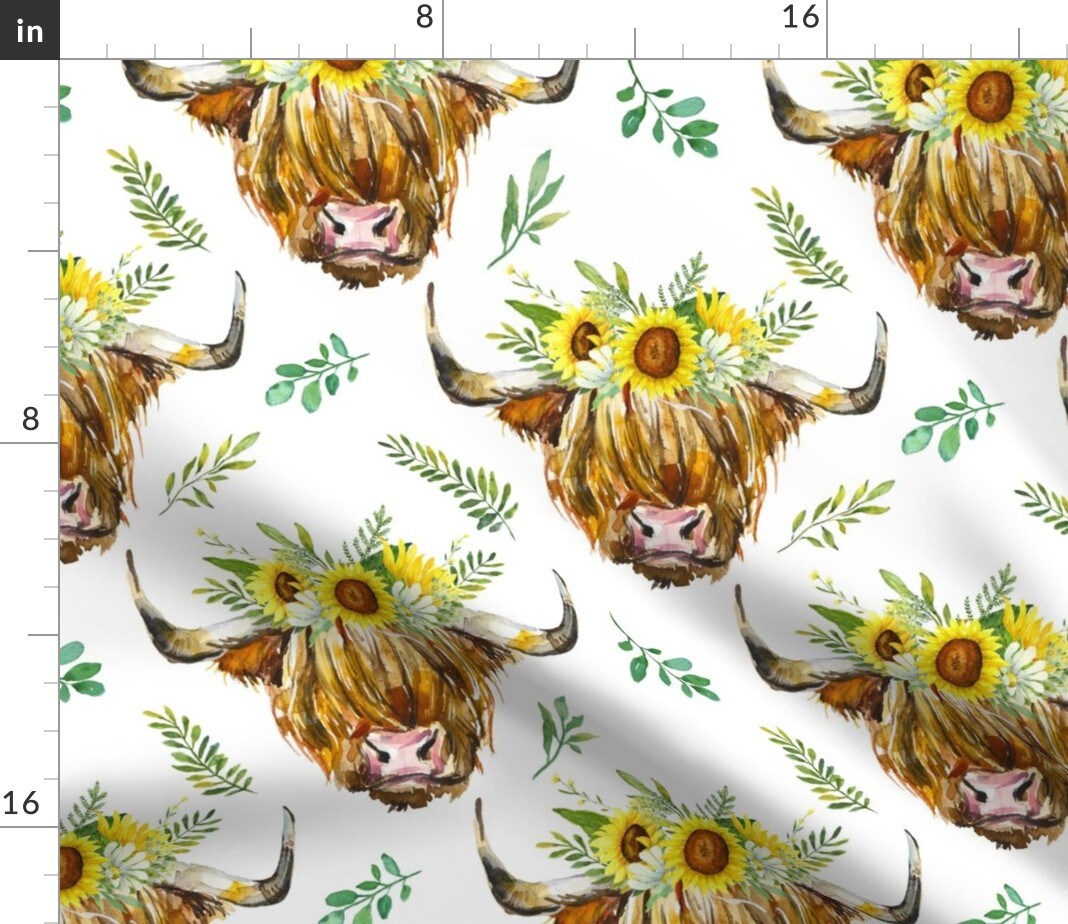Highland Cow Sunflower Medium Scale Flowers Floral Wreath Western Custom Printed Fabric by Spoonflower Various Fabrics by the Yard or Fat Quarter