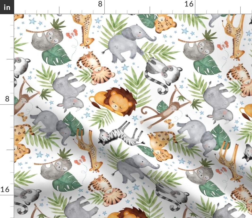Jungle Friends White Kids Safari Animal Nursery Lion Elephant Giraffe Zebra Rhino Cheetah Scale Wild Animals Custom Printed Fabric by Spoonflower Various Fabrics by the Yard or Fat Quarter