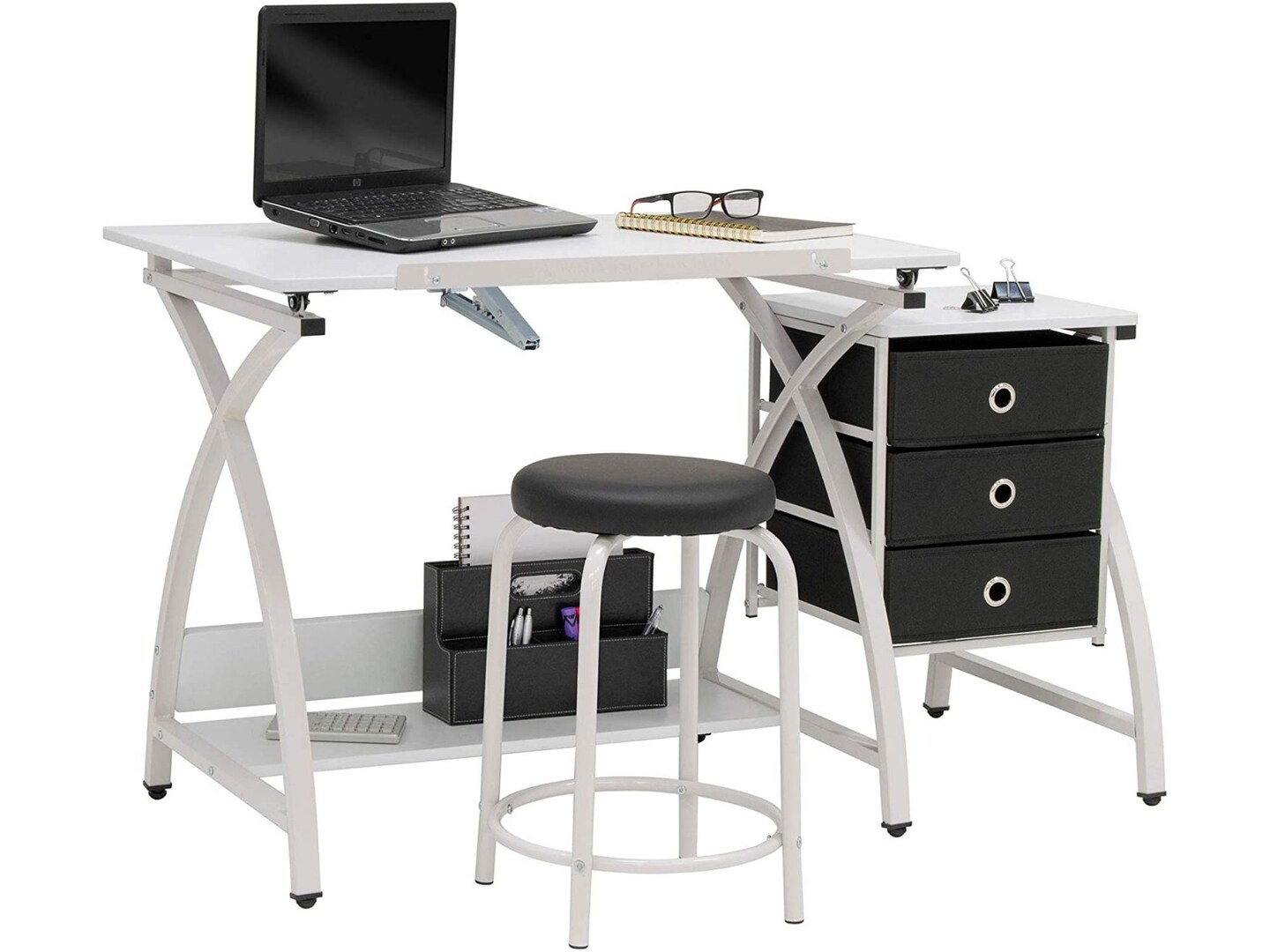 SD STUDIO DESIGNS 2 Piece Venus Craft Table with Angle Adjustable Top and Stool - White/White