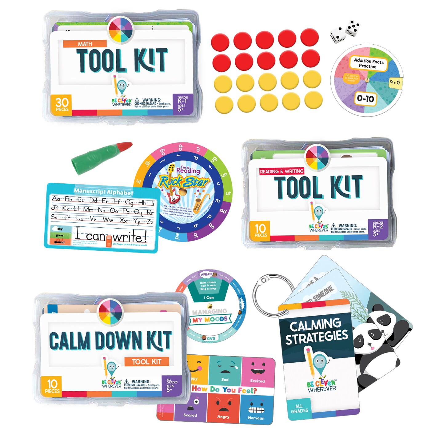 Be Clever Wherever Kindergarten Kit, Calm Down Corner Kit, Calming Down Strategies Things on Rings Flash Cards, Kindergarten Math and Reading &#x26; Writing Tool Kits (66 Pc)