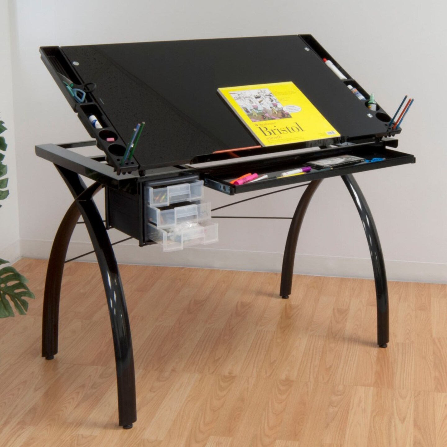 Futura Craft/Drawing Table With Adjustable Top In Black / Black Glass