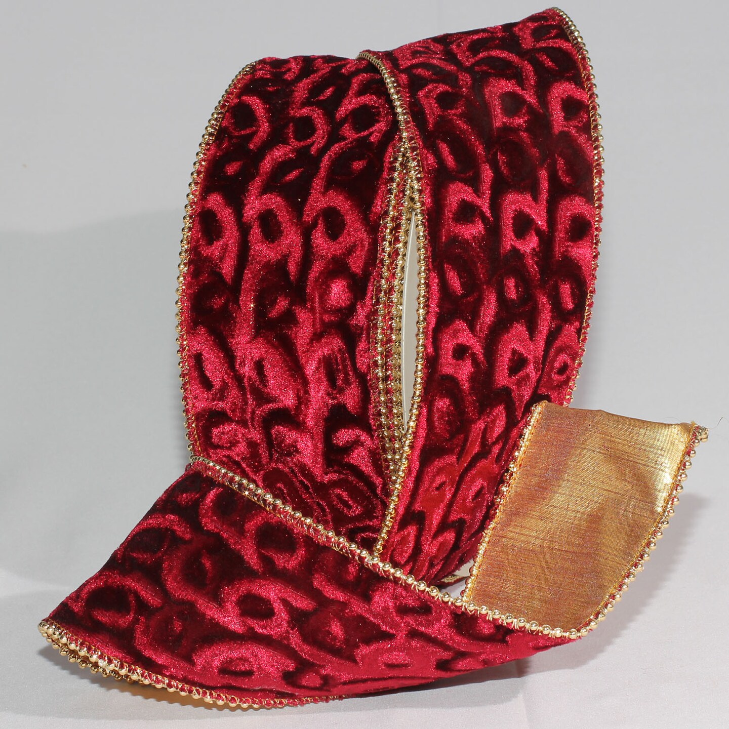 The Ribbon People Burgundy Velvet with Pearl Edge and Gold Backing Wired Craft Ribbon 3" x 20 Yards