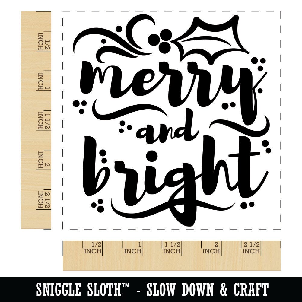 Merry and Bright Christmas with Holly Square Rubber Stamp for Stamping Crafting