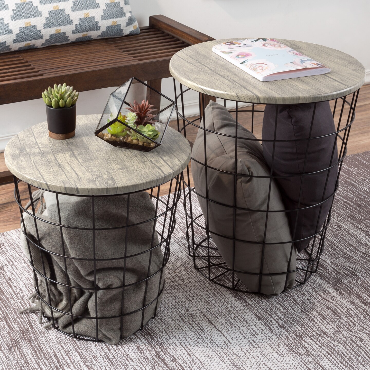 Nesting End Tables Set Of 2 Round Metal Storage Basket Gray Woodgrain Top