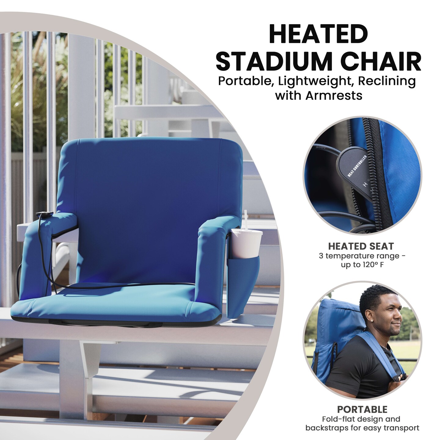 Emma and Oliver Mikki Portable Heated Reclining Stadium Chair with Armrests, Padded Back &#x26; Heated Seat with Dual Storage Pockets and Backpack Straps