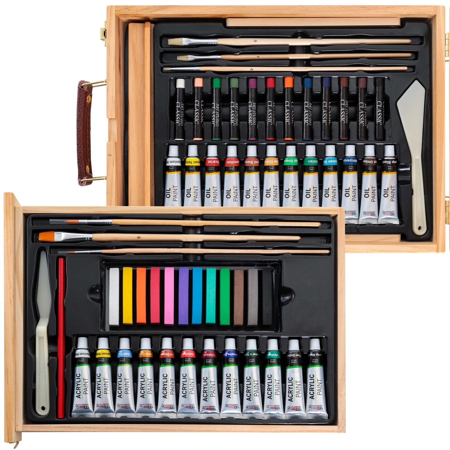 U.S. Art Supply 62-Piece Artist Painting Set with Wood Box Easel, 12 Acrylic &#x26; 12 Oil Paint Colors, 12 Oil &#x26; 12 Artist Pastels, 6 Brushes, 2 Canvases
