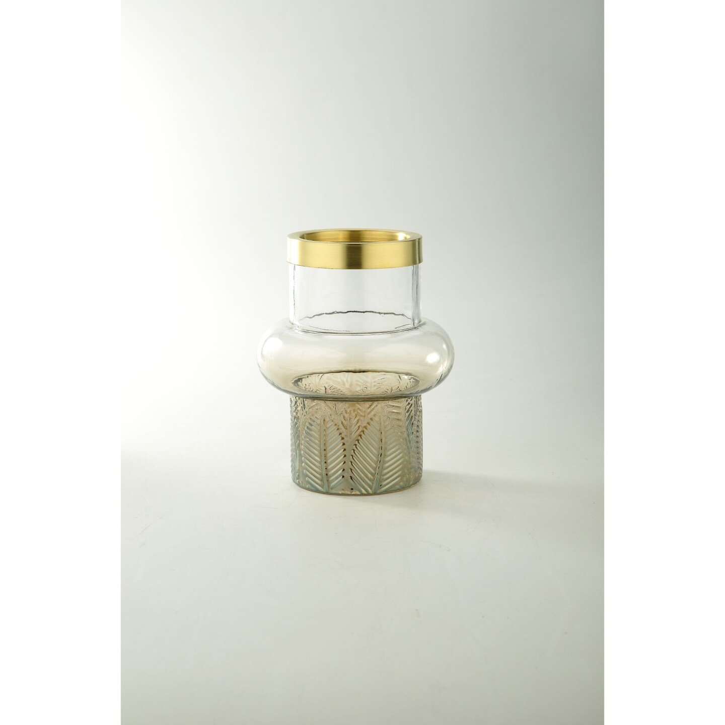 CC Home Furnishings 8&#x22; Clear and Gold Leaf Pattern Cylindrical Glass Flower Vase