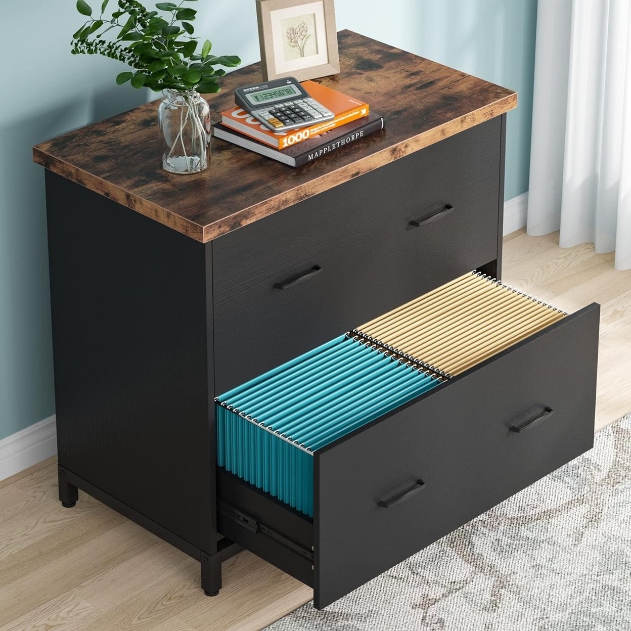 Tribesigns Wood Lateral File Cabinet 2 Drawer Home Office A4 Letter Size Black