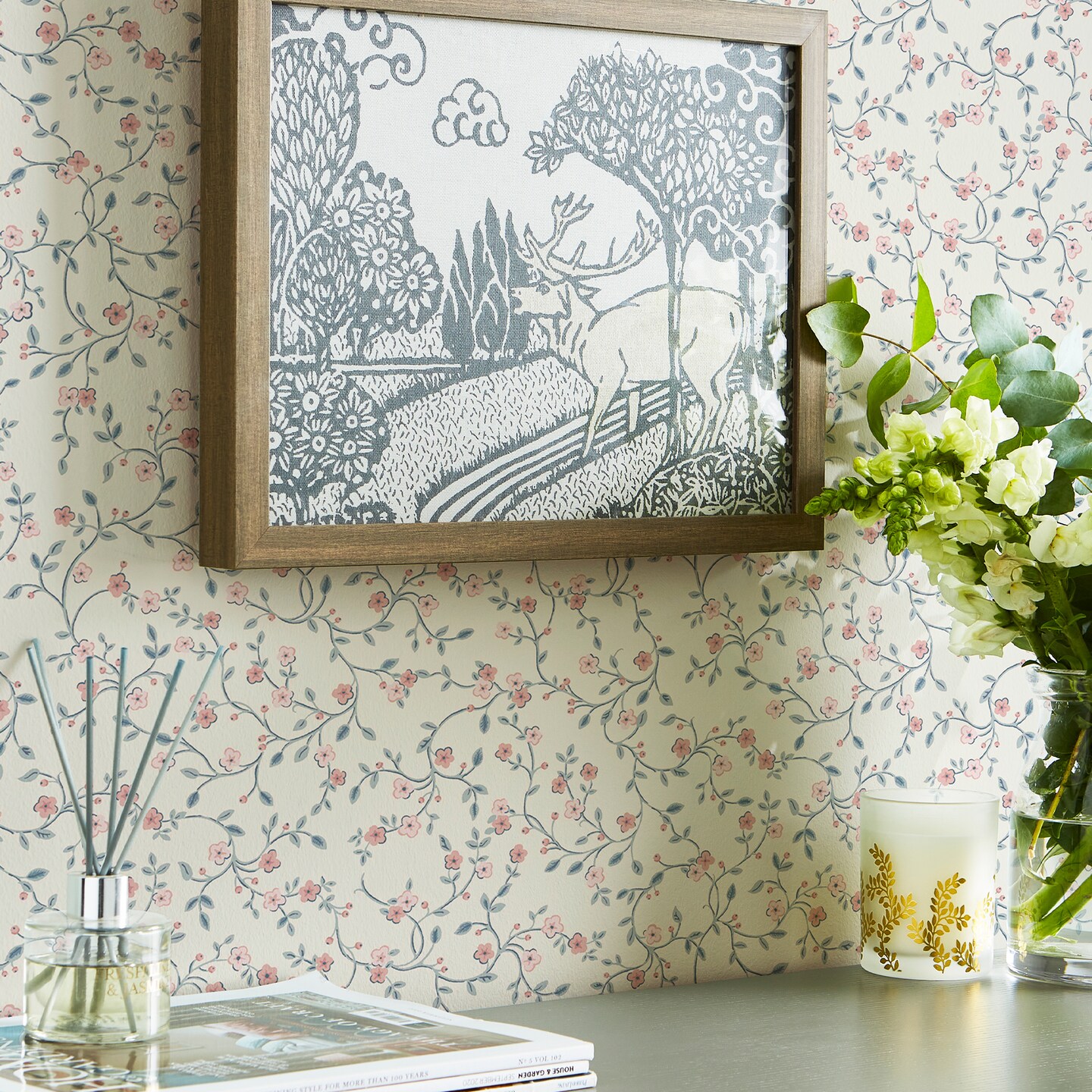 Laura Ashley Blencow Sprig Dark Duck Egg Blue Wallpaper