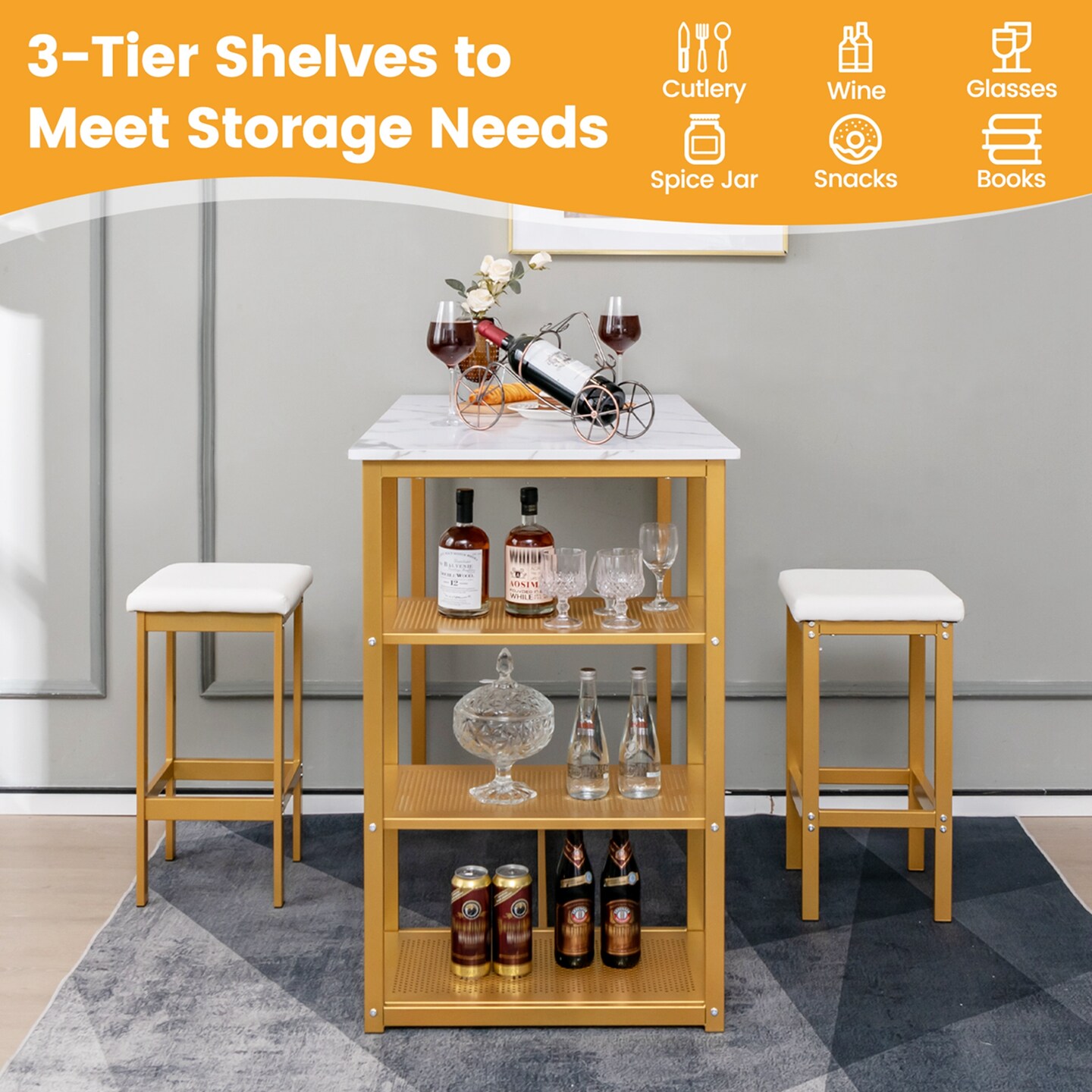 Costway 3PCS Bar Table Set Kitchen Counter Height Table 2 Stools Space Saving with Storage