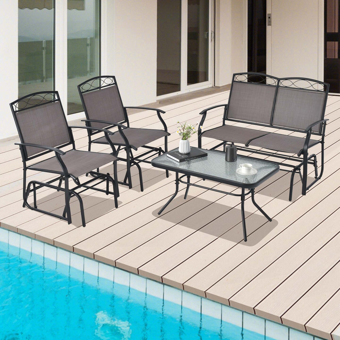 Costway 2pcs Patio Glider Set Single Swing Rocking Chair Heavy-Duty Metal Frame Outdoor