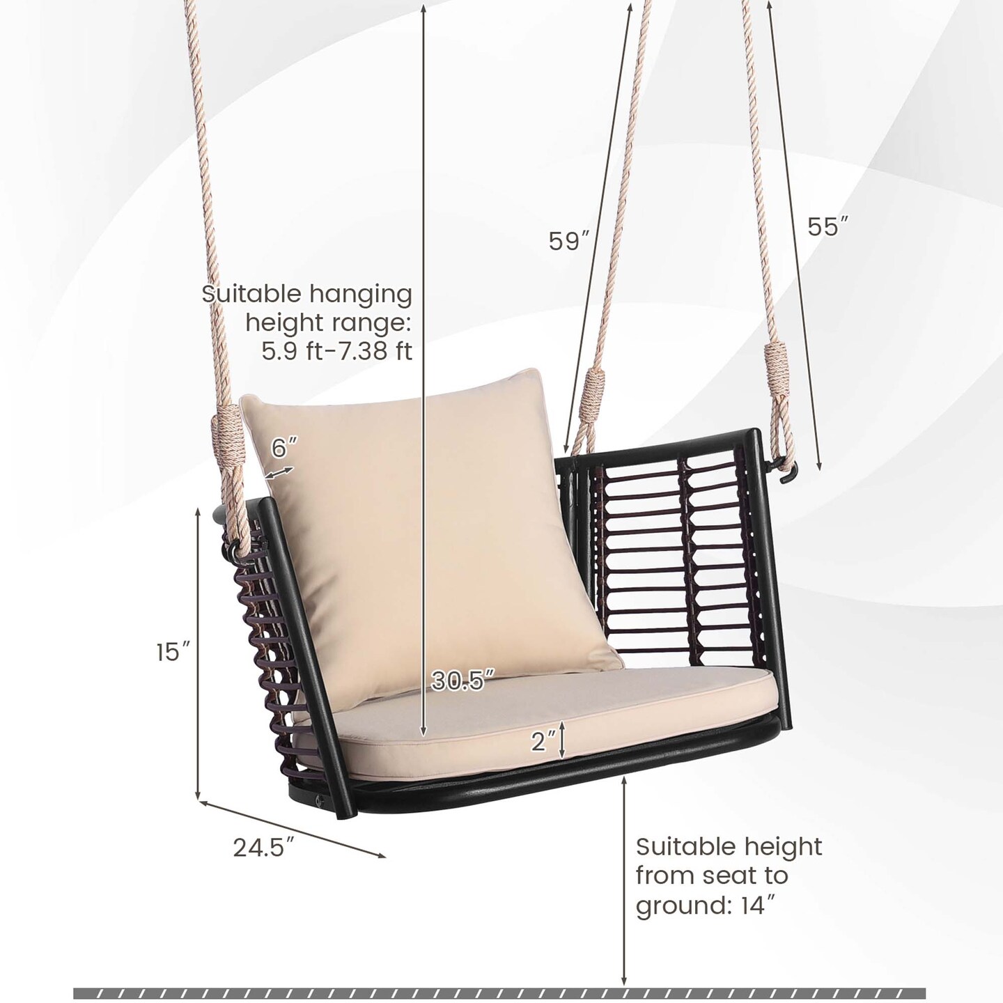 Costway Patio Hanging Rattan Basket Chair Swing Hammock Chair with Seat Cushion Navy/Grey/Beige