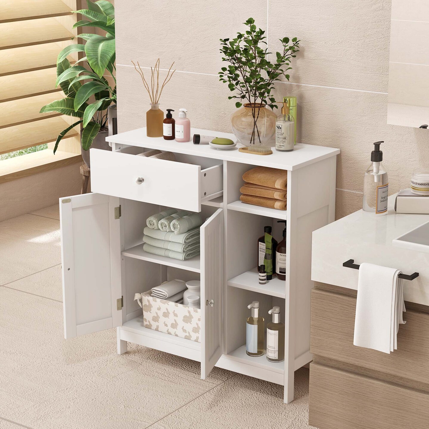 Costway Bathroom Floor Cabinet Freestanding Kitchen Cupboard Storage Organizer with Drawer