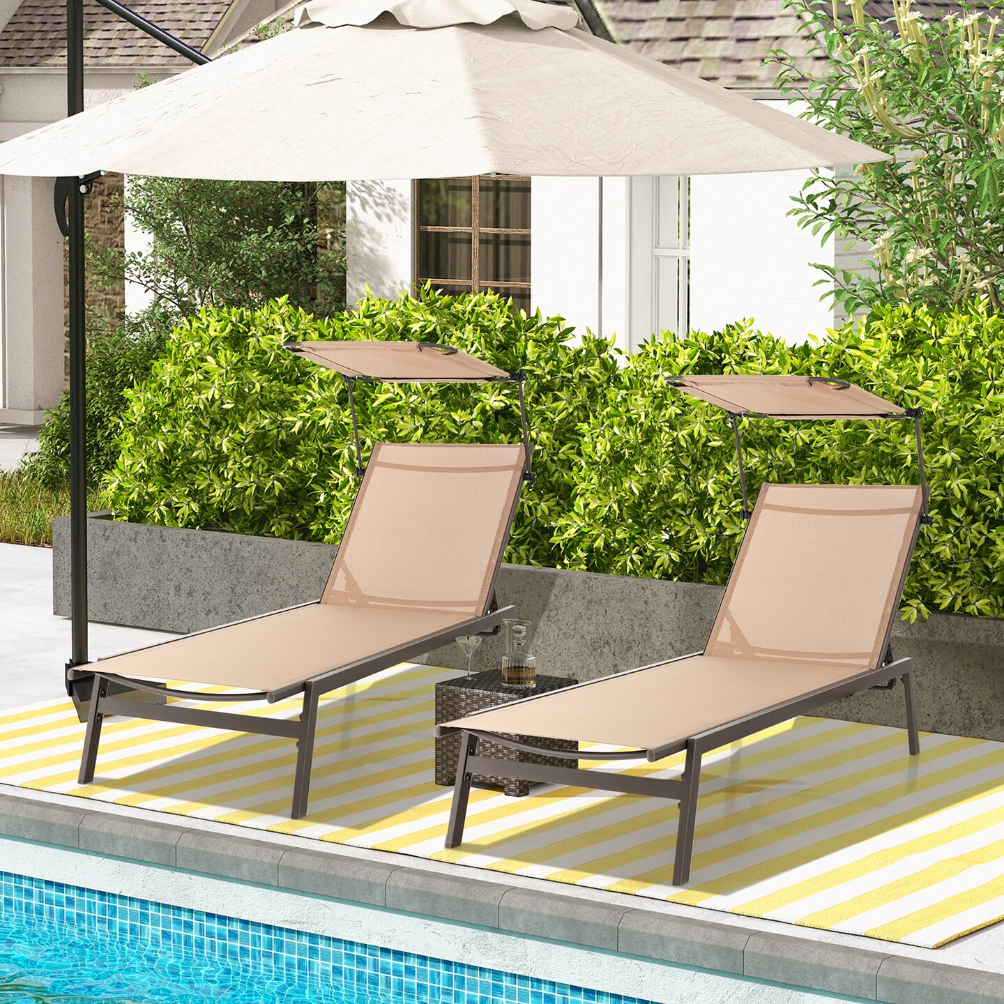 Costway 2 PCS Outdoor Chaise Lounge Chair with Sunshade 6-Level Adjustable Recliner