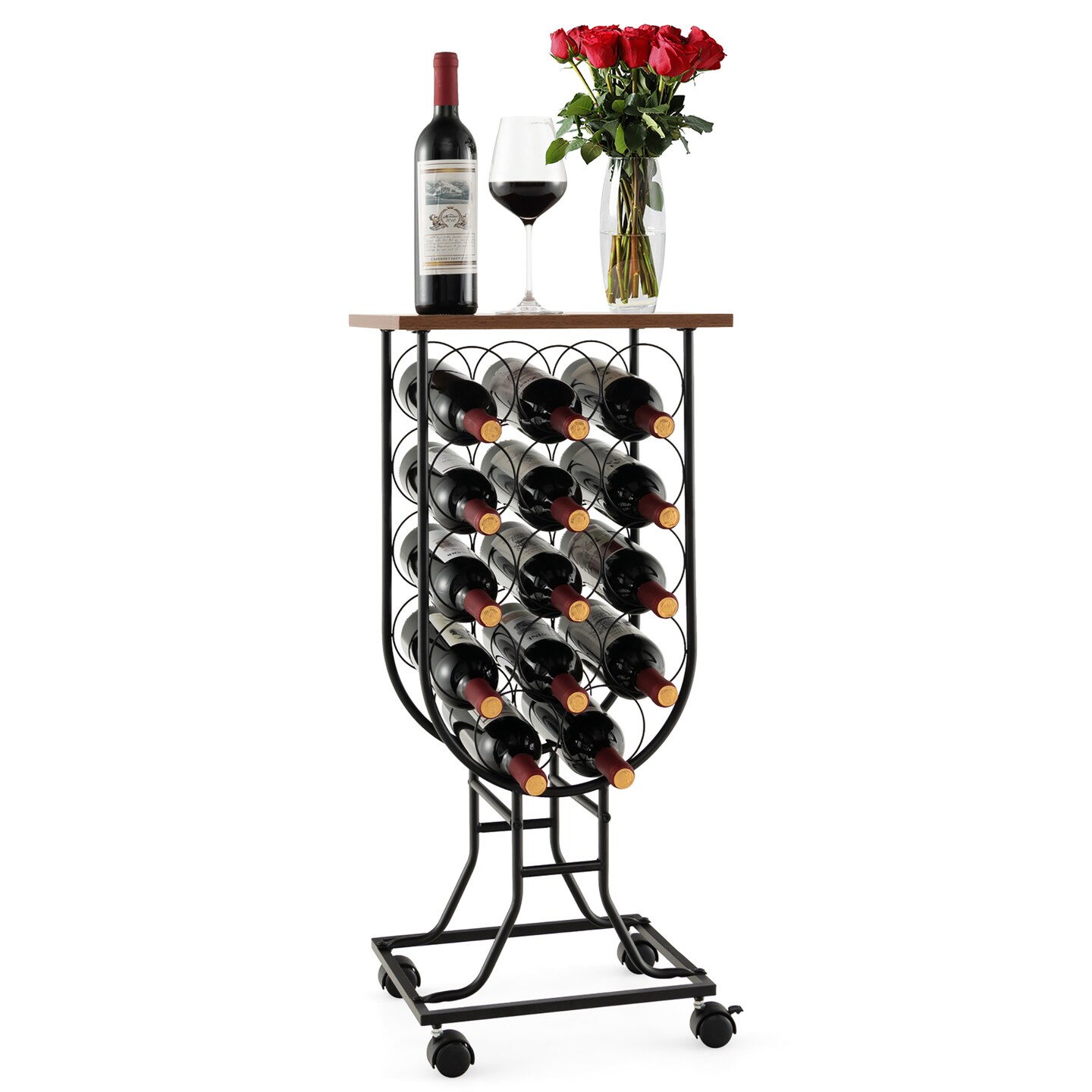 Costway 14 Bottles Wine Rack Console Table Freestanding Wine Storage with Woodtop &#x26; Wheels